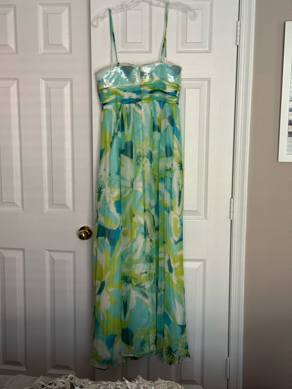 Aidan Mattox White Silk Dress with Aqua-Lime Strap Detail